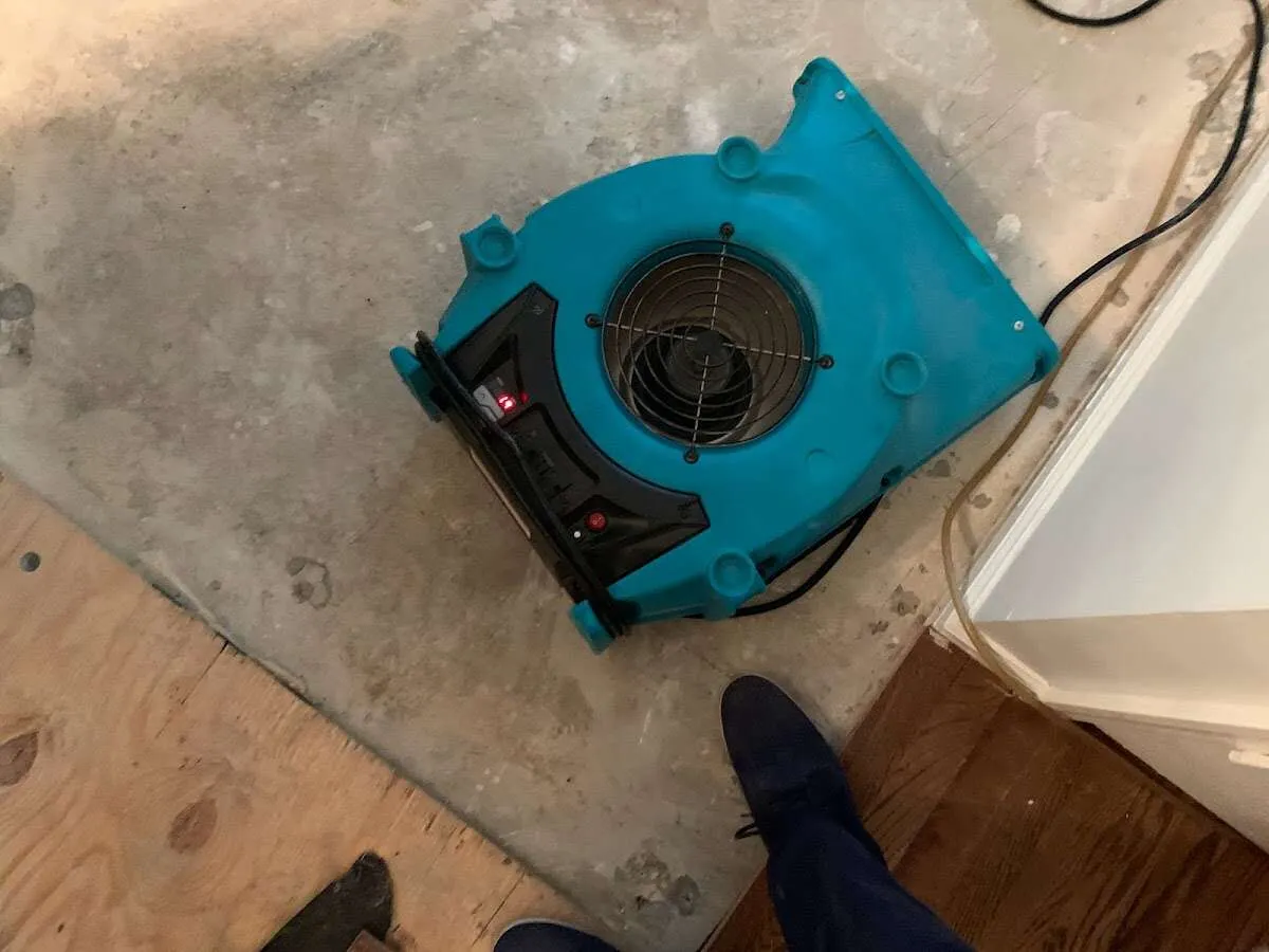 Air mover drying subfloor during Leak Detection & Repair in Minot